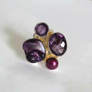 Vintage Boho Chunky Purple Mother Of Pearl Gemstone Crystal Sterling Silver Ring